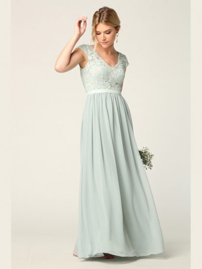 3161 | Cap Sleeve V-Neck Lace Dress With Chiffon Skirt