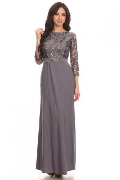 3163 | 3/4 Sleeve Gown with Lace and Sequin Top and Jersey Skirt with Beaded Belt - Image 6