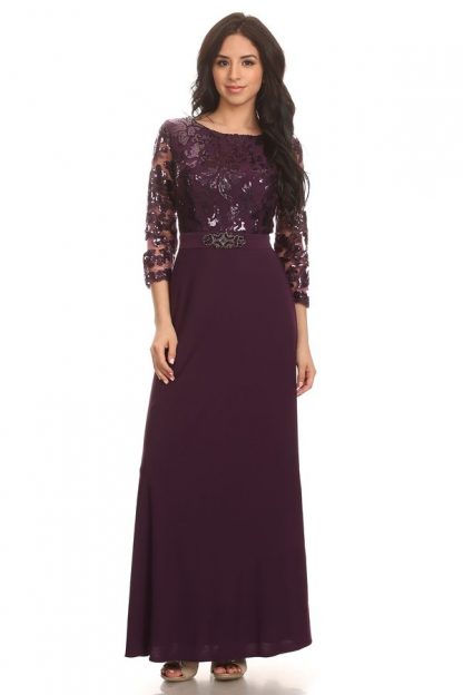 3163 | 3/4 Sleeve Gown with Lace and Sequin Top and Jersey Skirt with Beaded Belt - Image 5