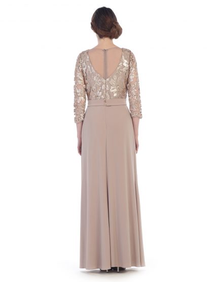 3163 | 3/4 Sleeve Gown with Lace and Sequin Top and Jersey Skirt with Beaded Belt - Image 4
