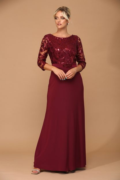 3163 | 3/4 Sleeve Gown with Lace and Sequin Top and Jersey Skirt with Beaded Belt - Image 2
