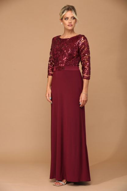 3163 | 3/4 Sleeve Gown with Lace and Sequin Top and Jersey Skirt with Beaded Belt