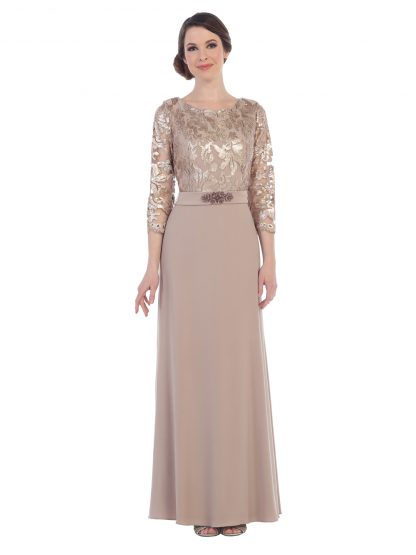 3163 | 3/4 Sleeve Gown with Lace and Sequin Top and Jersey Skirt with Beaded Belt - Image 3