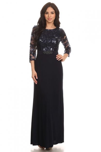 3163 | 3/4 Sleeve Gown with Lace and Sequin Top and Jersey Skirt with Beaded Belt - Image 8