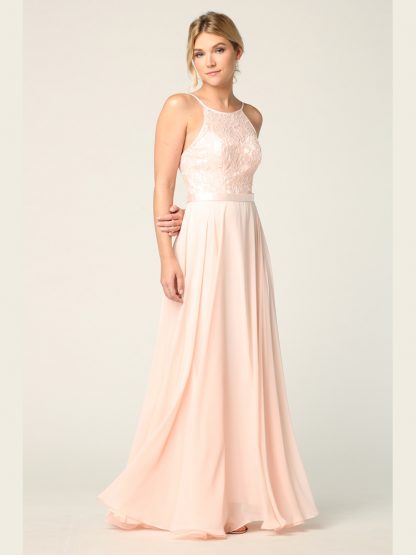 3216 | Lace Halter Cross Back Gown With Chiffon Skirt