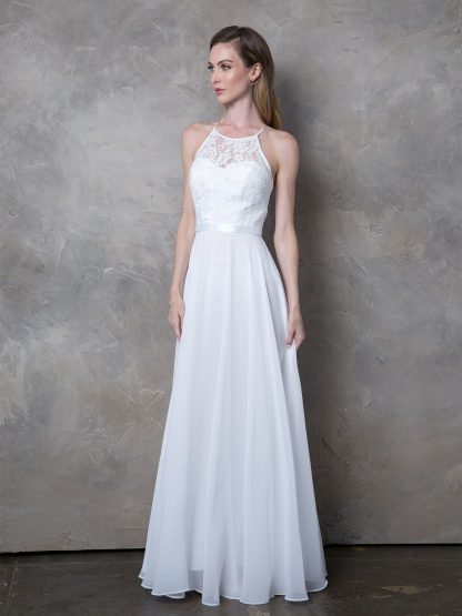 3216 | Lace Halter Cross Back Gown With Chiffon Skirt - Image 2