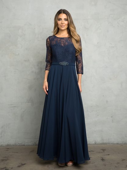 3227 | 3/4 Sleeve Lace And Chiffon Gown with Beaded Belt
