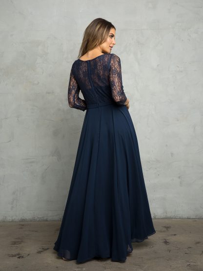 3227 | 3/4 Sleeve Lace And Chiffon Gown with Beaded Belt - Image 2
