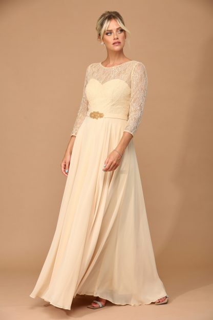3227 | 3/4 Sleeve Lace And Chiffon Gown with Beaded Belt - Image 13