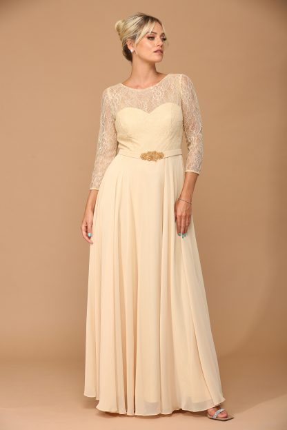 3227 | 3/4 Sleeve Lace And Chiffon Gown with Beaded Belt - Image 14