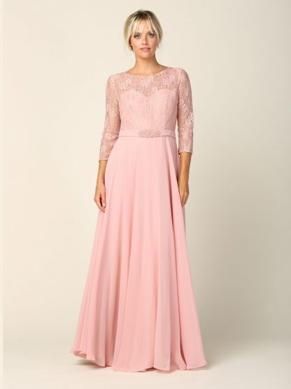 3227 | 3/4 Sleeve Lace And Chiffon Gown with Beaded Belt - Image 3