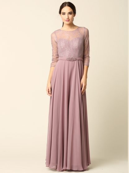 3227 | 3/4 Sleeve Lace And Chiffon Gown with Beaded Belt - Image 9