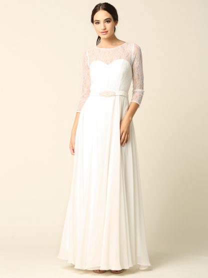 3227 | 3/4 Sleeve Lace And Chiffon Gown with Beaded Belt - Image 10