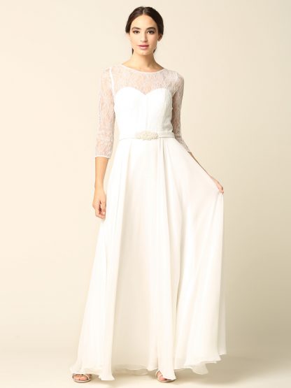 3227 | 3/4 Sleeve Lace And Chiffon Gown with Beaded Belt - Image 11