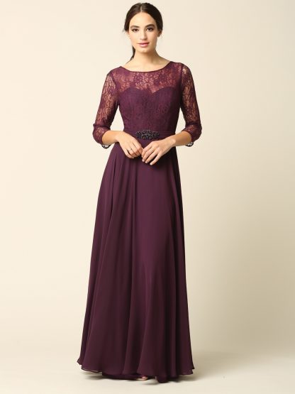 3227 | 3/4 Sleeve Lace And Chiffon Gown with Beaded Belt - Image 12
