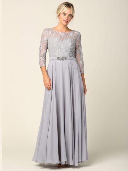 3227 | 3/4 Sleeve Lace And Chiffon Gown with Beaded Belt - Image 6
