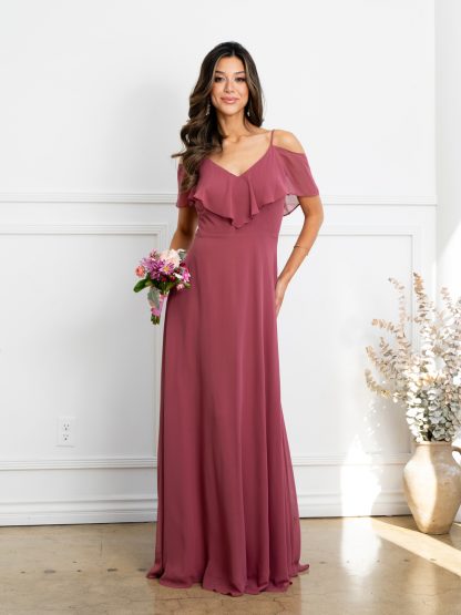 3263 | Cold Shoulder Ruffle Sleeve Bridesmaid Dress in Chiffon - Image 28