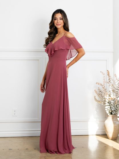 3263 | Cold Shoulder Ruffle Sleeve Bridesmaid Dress in Chiffon - Image 27