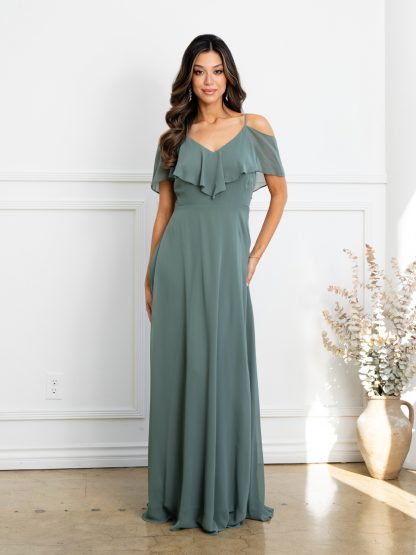 3263 | Cold Shoulder Ruffle Sleeve Bridesmaid Dress in Chiffon - Image 30