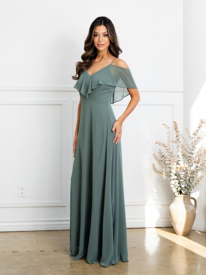 3263 | Cold Shoulder Ruffle Sleeve Bridesmaid Dress in Chiffon - Image 29