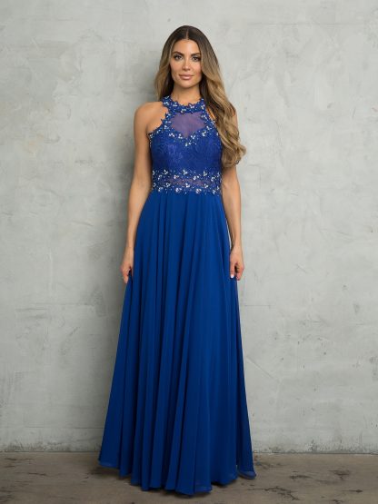 3286 - Lace Halter Illusion Gown With Chiffon Skirt