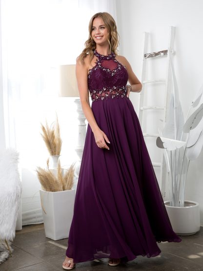 3286 - Lace Halter Illusion Gown With Chiffon Skirt - Image 4