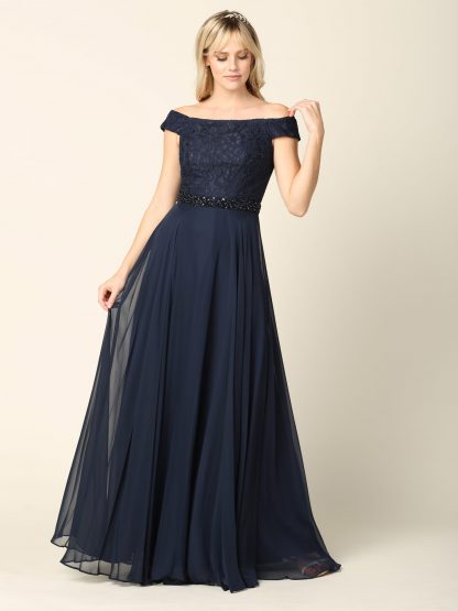 3294 - Off Shoulder Lace Bodice and Chiffon Skirt Gown With Beaded Belt - Image 2