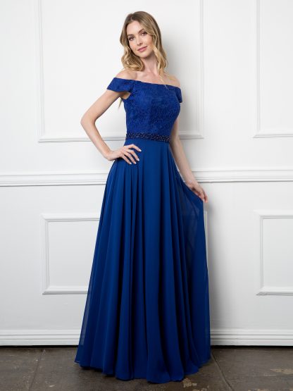 3294 - Off Shoulder Lace Bodice and Chiffon Skirt Gown With Beaded Belt