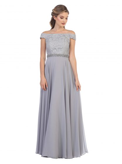 3294 - Off Shoulder Lace Bodice and Chiffon Skirt Gown With Beaded Belt - Image 9