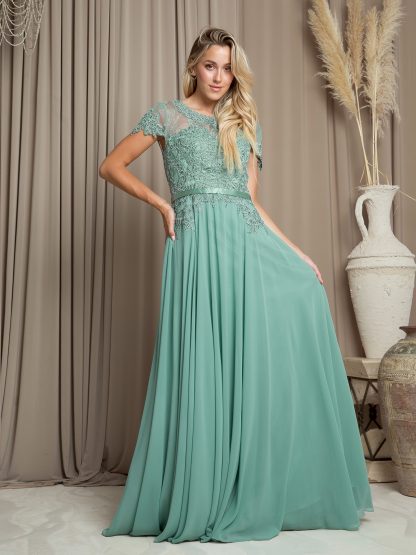 5130 - Mob Short Sleeve Belted Chiffon Gown