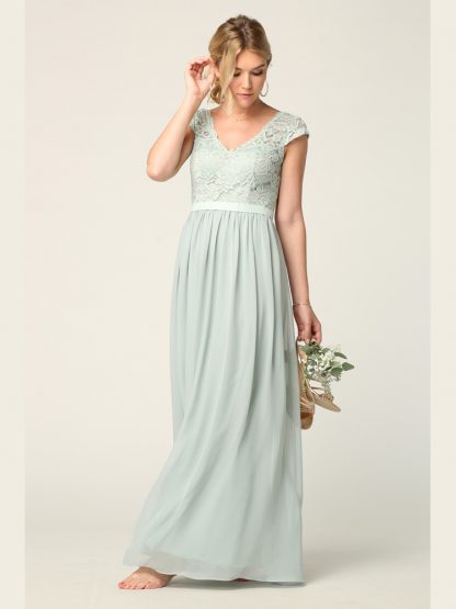 3161 | Cap Sleeve V-Neck Lace Dress With Chiffon Skirt - Image 3