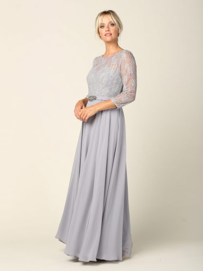 3227 | 3/4 Sleeve Lace And Chiffon Gown with Beaded Belt - Image 8