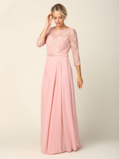 3227 | 3/4 Sleeve Lace And Chiffon Gown with Beaded Belt - Image 5