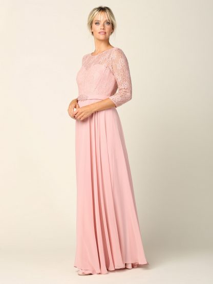3227 | 3/4 Sleeve Lace And Chiffon Gown with Beaded Belt - Image 4