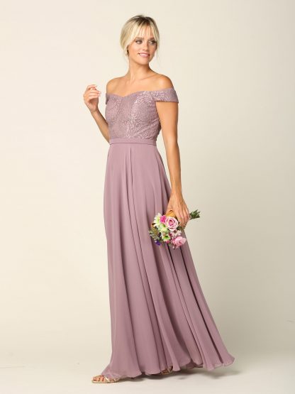 3283 - Off Shoulder Lace Bodice Dress With Chiffon Skirt
