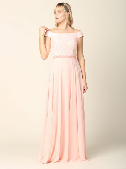 3294 - Off Shoulder Lace Bodice and Chiffon Skirt Gown With Beaded Belt - Image 5
