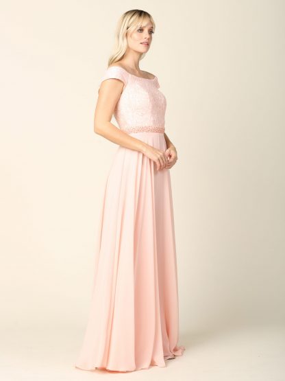 3294 - Off Shoulder Lace Bodice and Chiffon Skirt Gown With Beaded Belt - Image 6