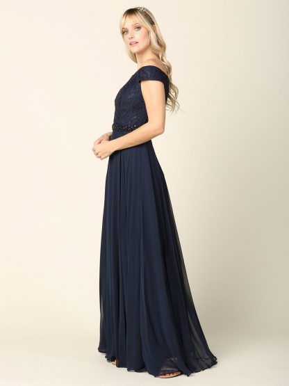 3294 - Off Shoulder Lace Bodice and Chiffon Skirt Gown With Beaded Belt - Image 3