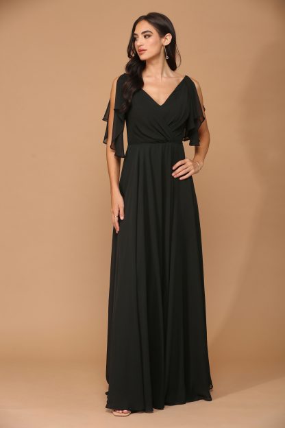 3345 - V-Neck Long Chiffon Gown With Flutter Sleeves - Image 10