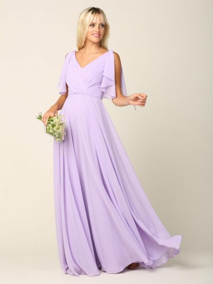 3345 - V-Neck Long Chiffon Gown With Flutter Sleeves - Image 11