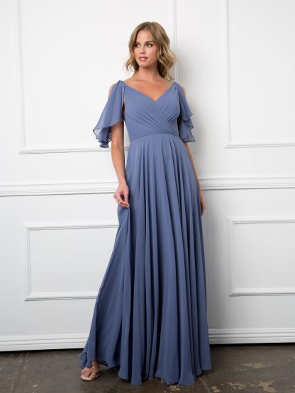 3345 - V-Neck Long Chiffon Gown With Flutter Sleeves - Image 6