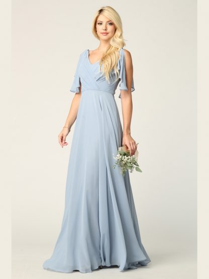 3345 - V-Neck Long Chiffon Gown With Flutter Sleeves - Image 14