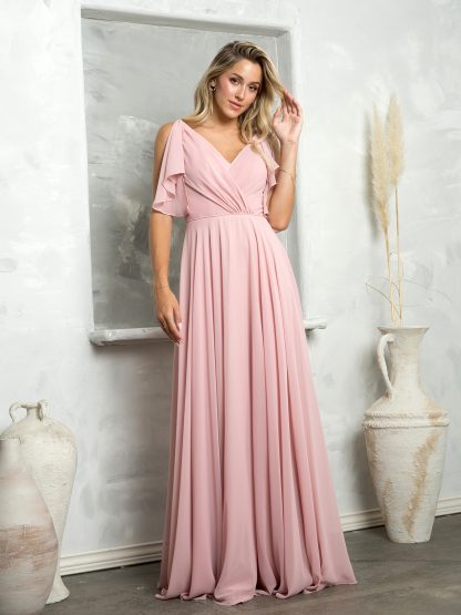 3345 - V-Neck Long Chiffon Gown With Flutter Sleeves - Image 2