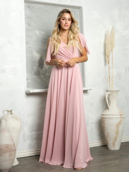 3345 - V-Neck Long Chiffon Gown With Flutter Sleeves