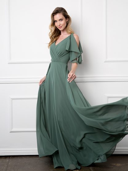 3345 - V-Neck Long Chiffon Gown With Flutter Sleeves - Image 9