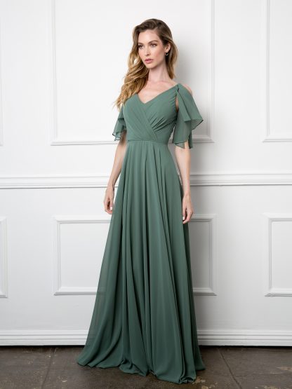 3345 - V-Neck Long Chiffon Gown With Flutter Sleeves - Image 8
