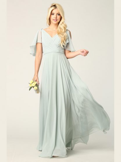 3345 - V-Neck Long Chiffon Gown With Flutter Sleeves - Image 17