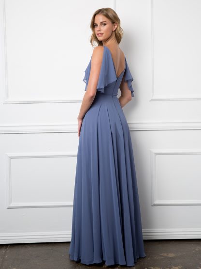 3345 - V-Neck Long Chiffon Gown With Flutter Sleeves - Image 7