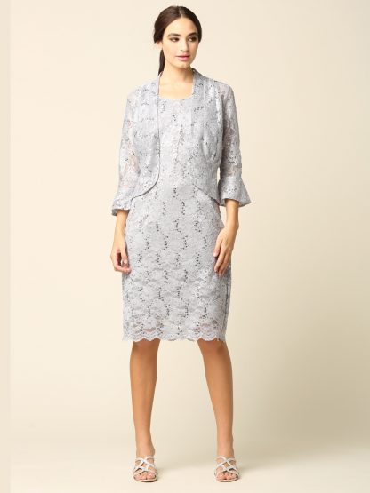 3347 - Knee Length 2-Piece Lace Dress Set With Jacket - Image 6