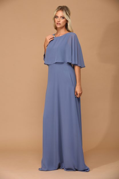 3348-Long Chiffon Gown With Cape Overlay and Pockets - Image 4